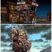 The Simpsons S25E10 - Married to the Blob Hayao Miyazaki tribute scene (Kwik-E-Mart and Howls Moving Castle)