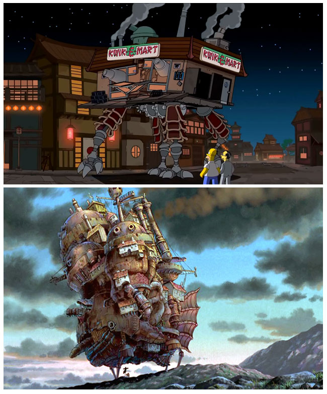 The Simpsons S25E10 - Married to the Blob Hayao Miyazaki tribute scene (Kwik-E-Mart and Howl's Moving Castle)