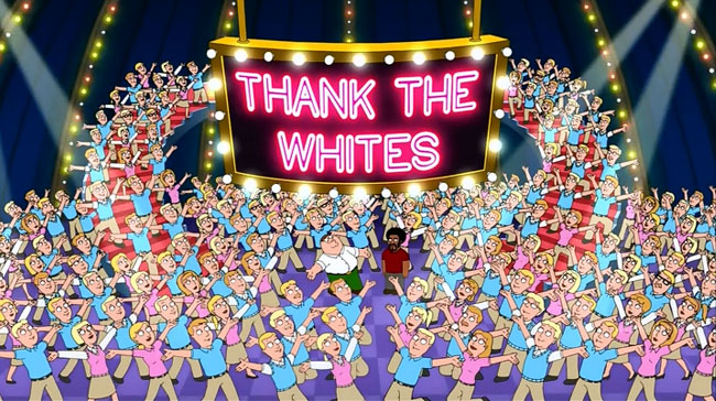 Family Guy racist song Thank the Whites (chorus sweater vests)