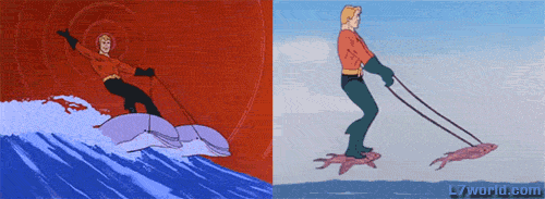 Aquaman water skiing on dolphins and flying fish
